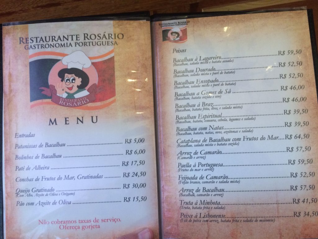 Parte do menu do Restaurante Rosário