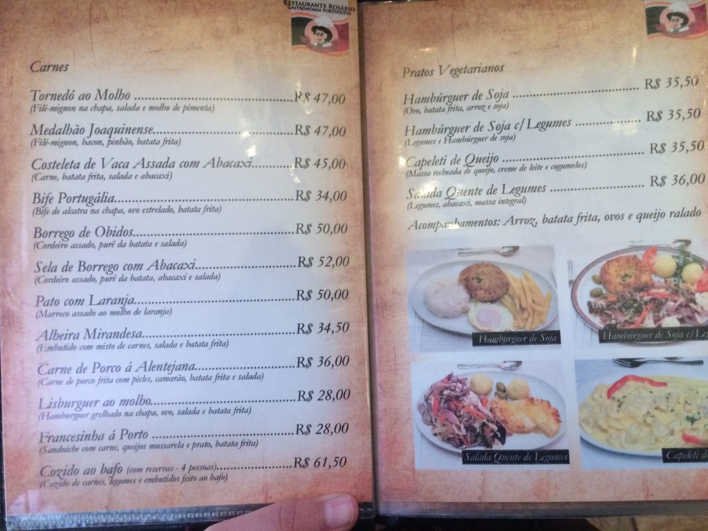 Parte do menu do Restaurante Rosário