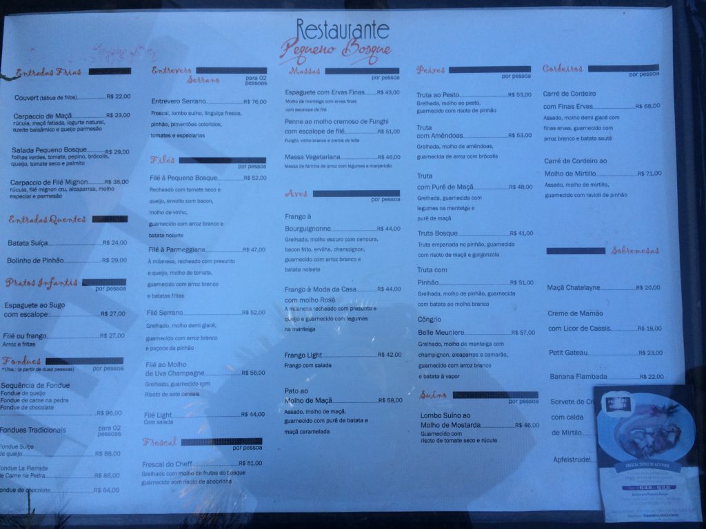 O menu do Pequeno Bosque