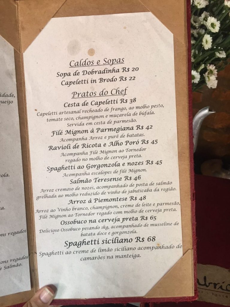 Cardápio do Restaurante Fabrício's, em Santa Teresa