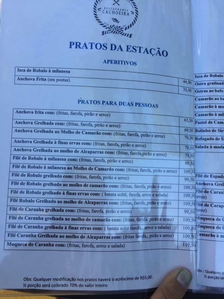 Preços Restaurante Cachoeira