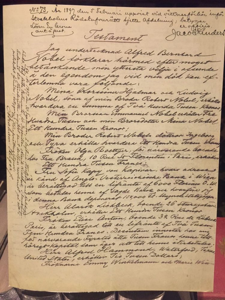 Testamento no qual Alfred Nobel destinou sua fortuna ao Prêmio